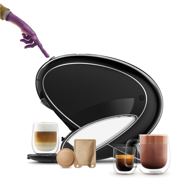 NEO Latte-machine met een latte macchiato, een capsule en een zakje