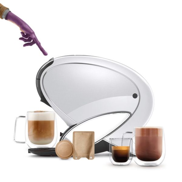 NEO Latte-machine met een latte macchiato, een capsule en een zakje
