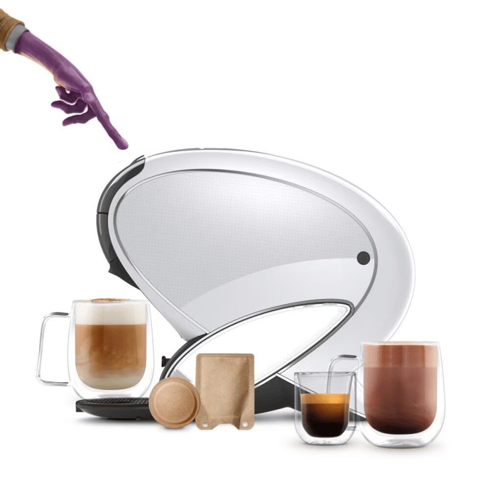 NEO Latte-machine met een latte macchiato, een capsule en een zakje