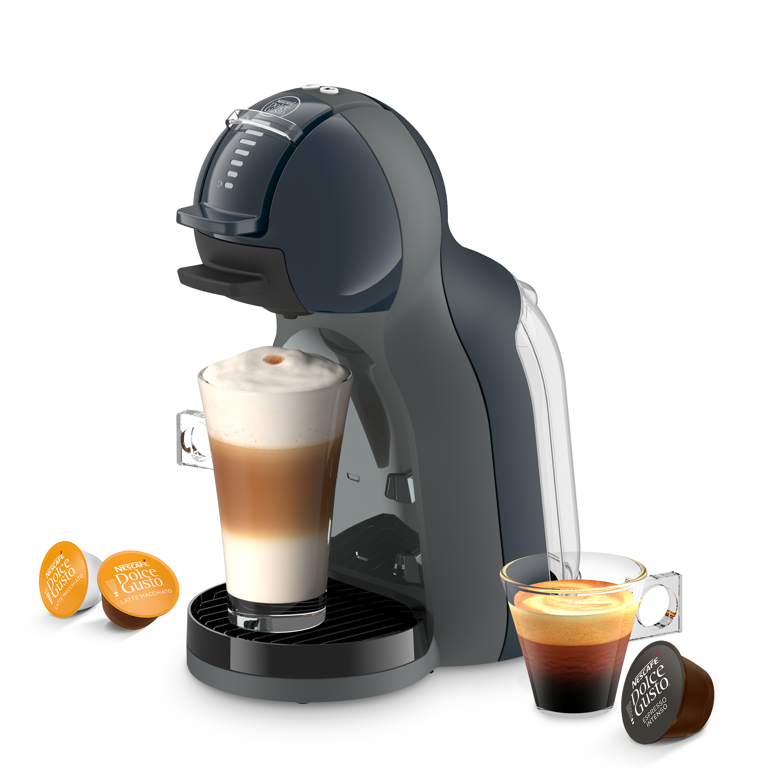Mini Me 2 koffiemachine met een latte, een espresso en drie capsules