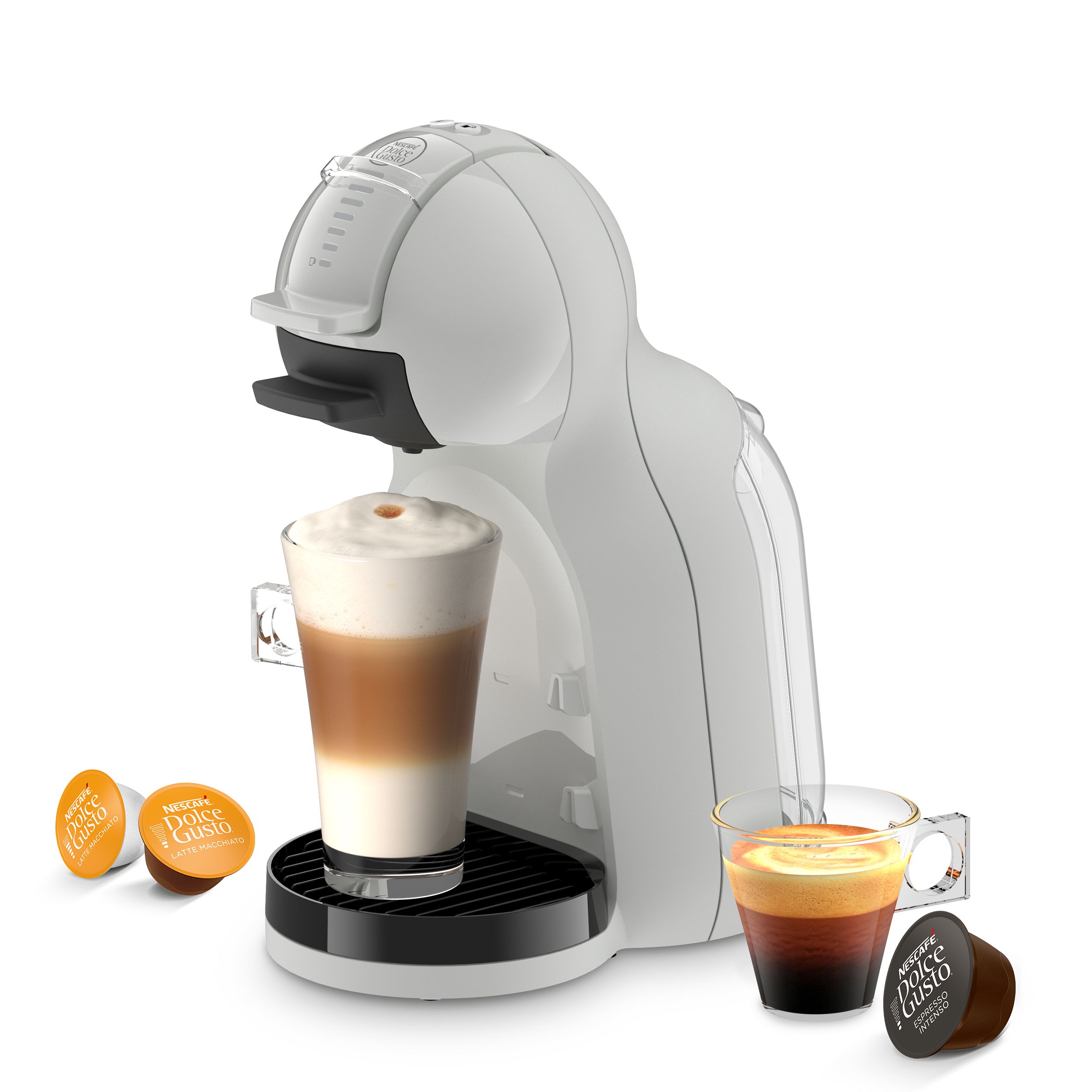 Mini Me 2 koffiemachine met een latte, een espresso en drie capsules