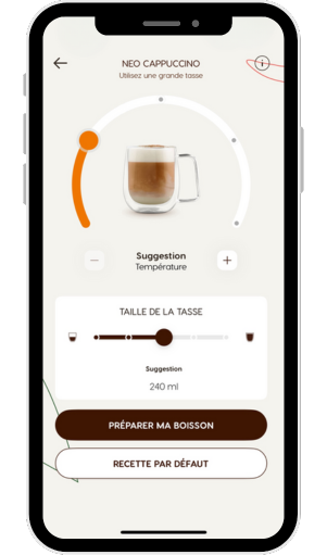 Téléphone portable montrant l'application NESCAFÉ Dolce Gusto avec la personnalisation de boisson