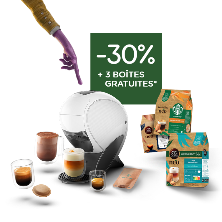 Une machine à café intelligente NEO Latte blanche avec différentes boissons et packs.