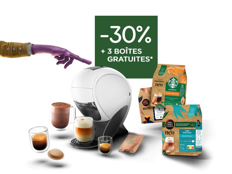 Une machine à café intelligente NEO Latte blanche avec différentes boissons et packs.