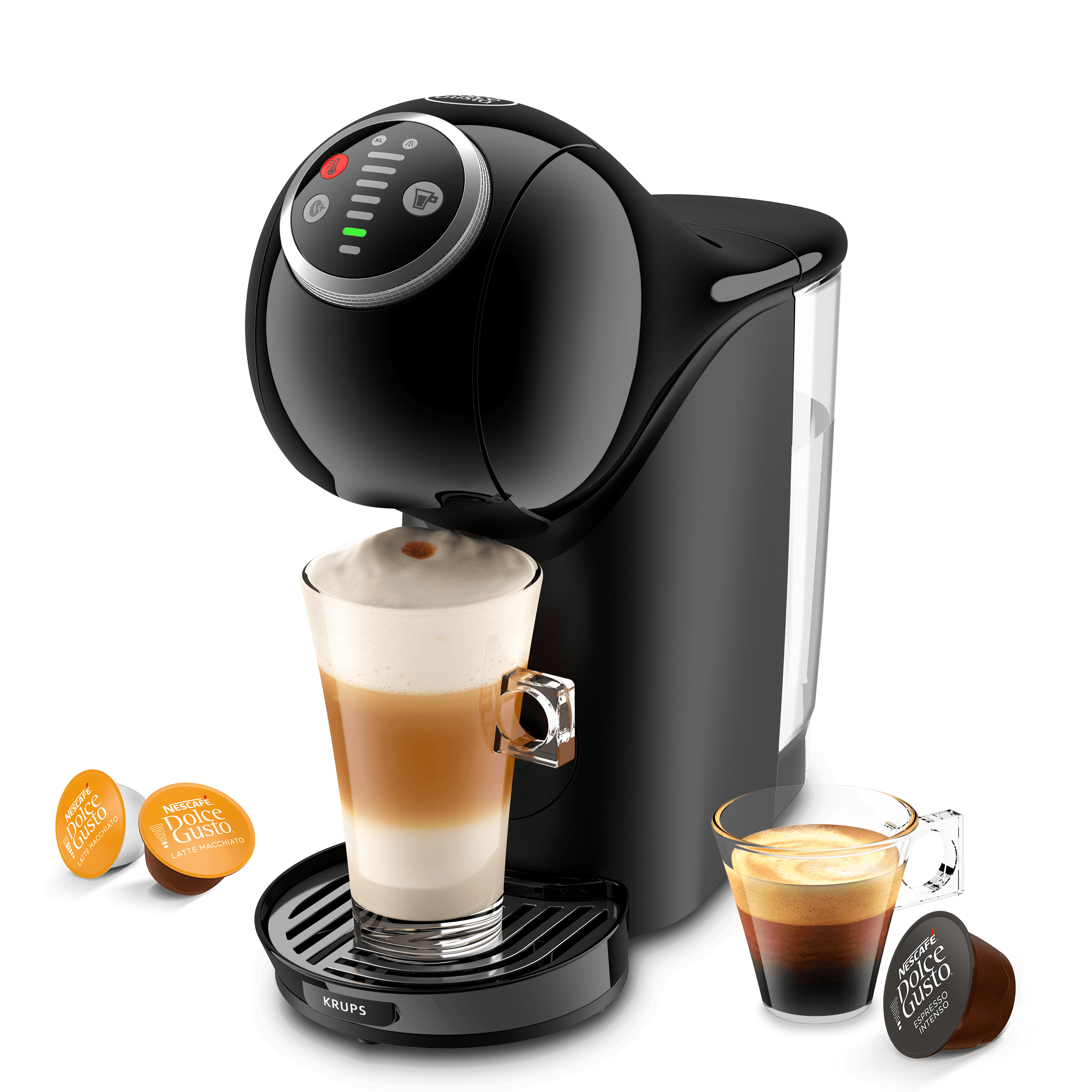 Mini Me 2 koffiemachine met een latte, een espresso en drie capsules