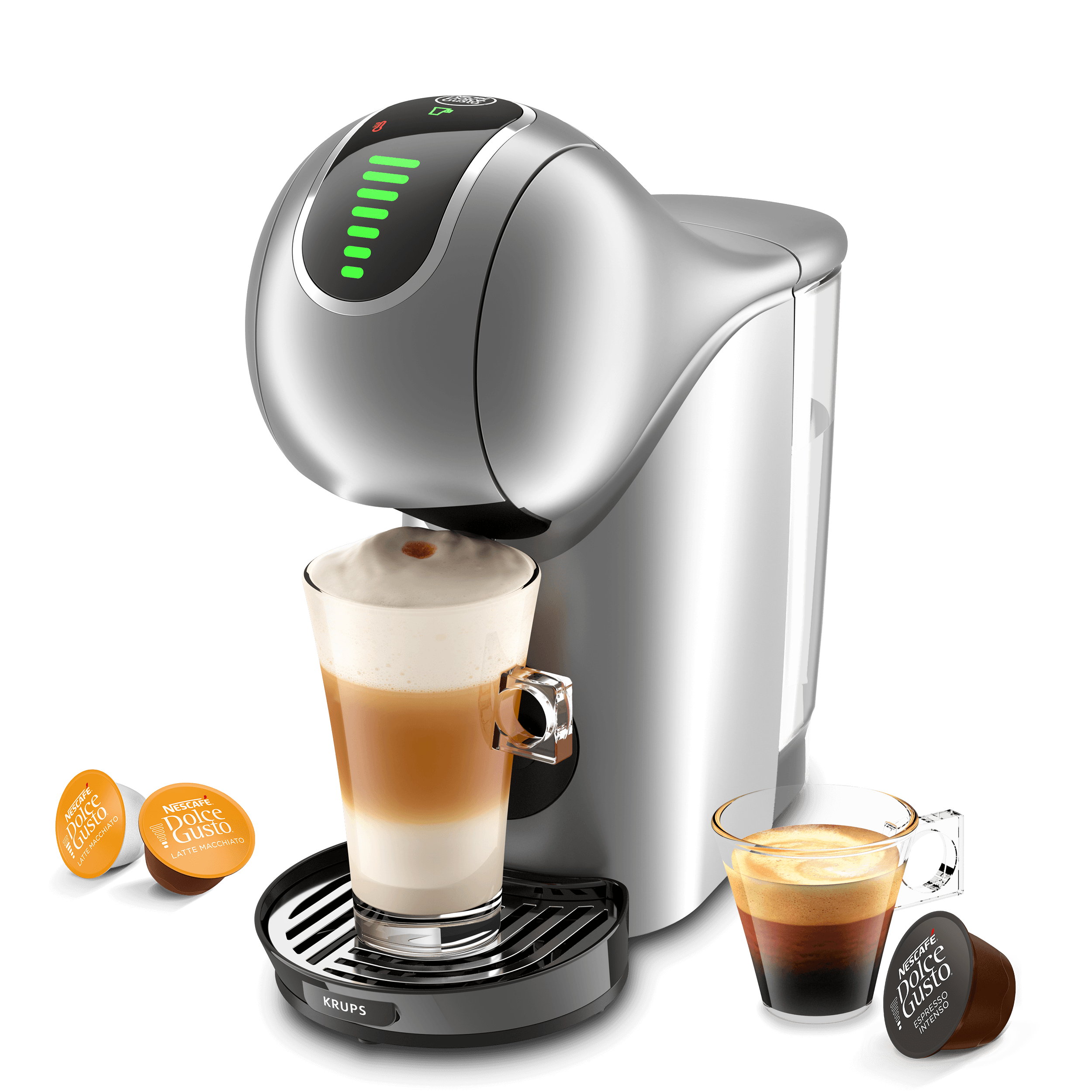Mini Me 2 koffiemachine met een latte, een espresso en drie capsules