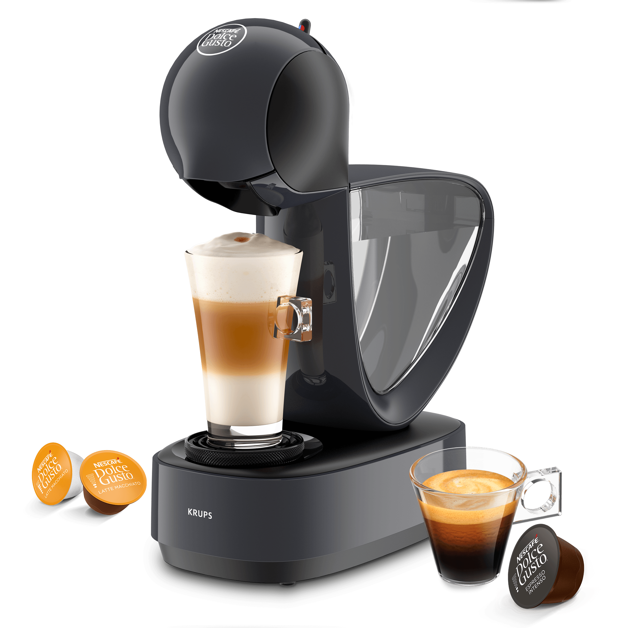 Mini Me 2 koffiemachine met een latte, een espresso en drie capsules