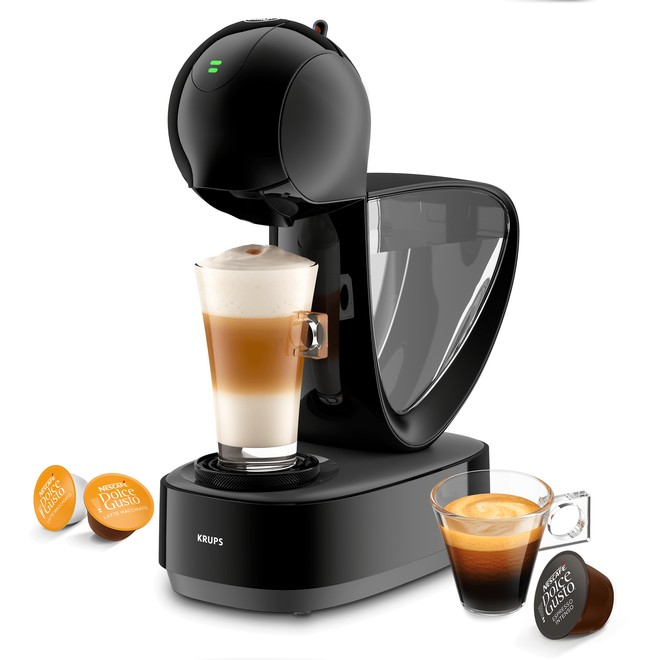 Mini Me 2 koffiemachine met een latte, een espresso en drie capsules