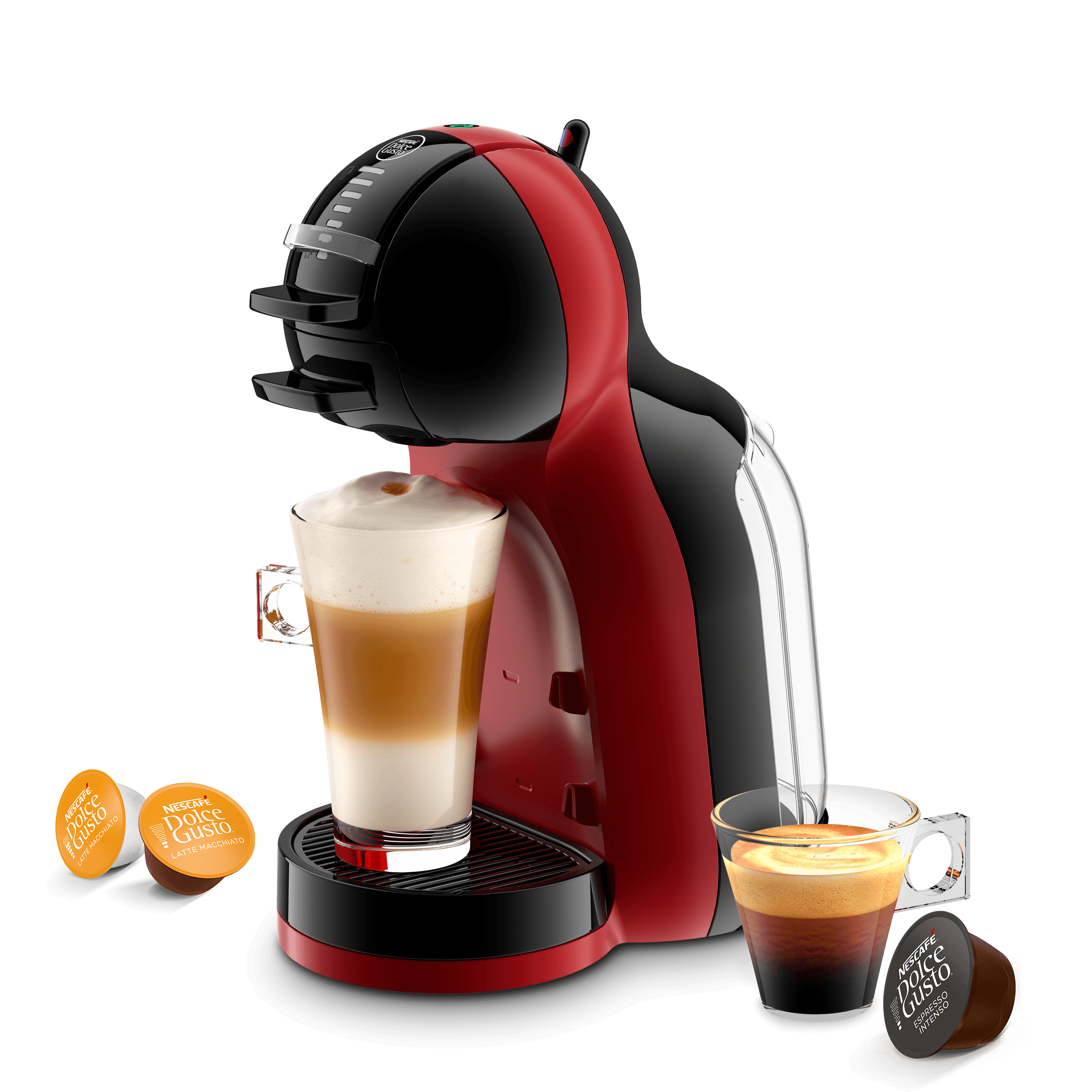 Mini Me 2 koffiemachine met een latte, een espresso en drie capsules