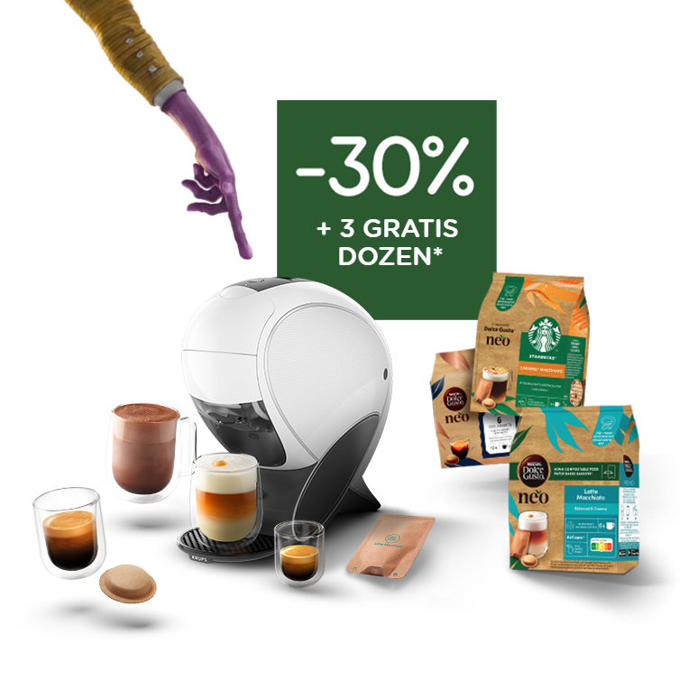 Een witte NEO Latte slimme koffiemachine met verschillende dranken en dozen.