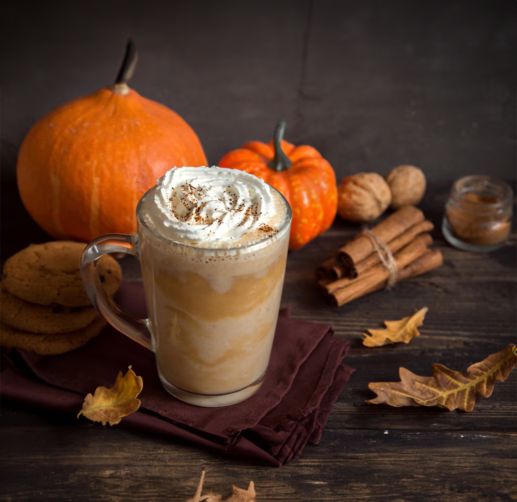 Pumpkin spice latte garni de crème fouettée, entouré de citrouilles