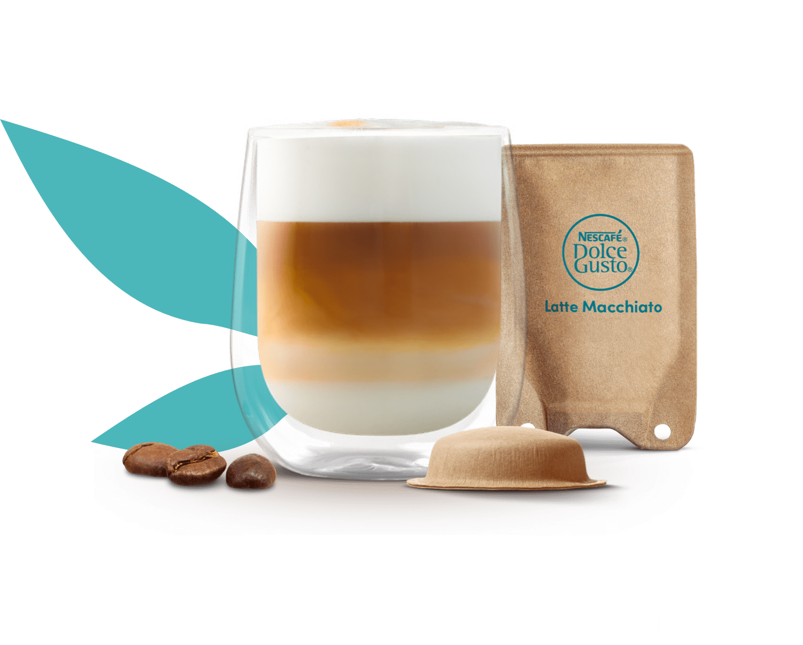 tasse avec un Latte Macchiato à côté d'une capsule et d'un sachet à base de papier