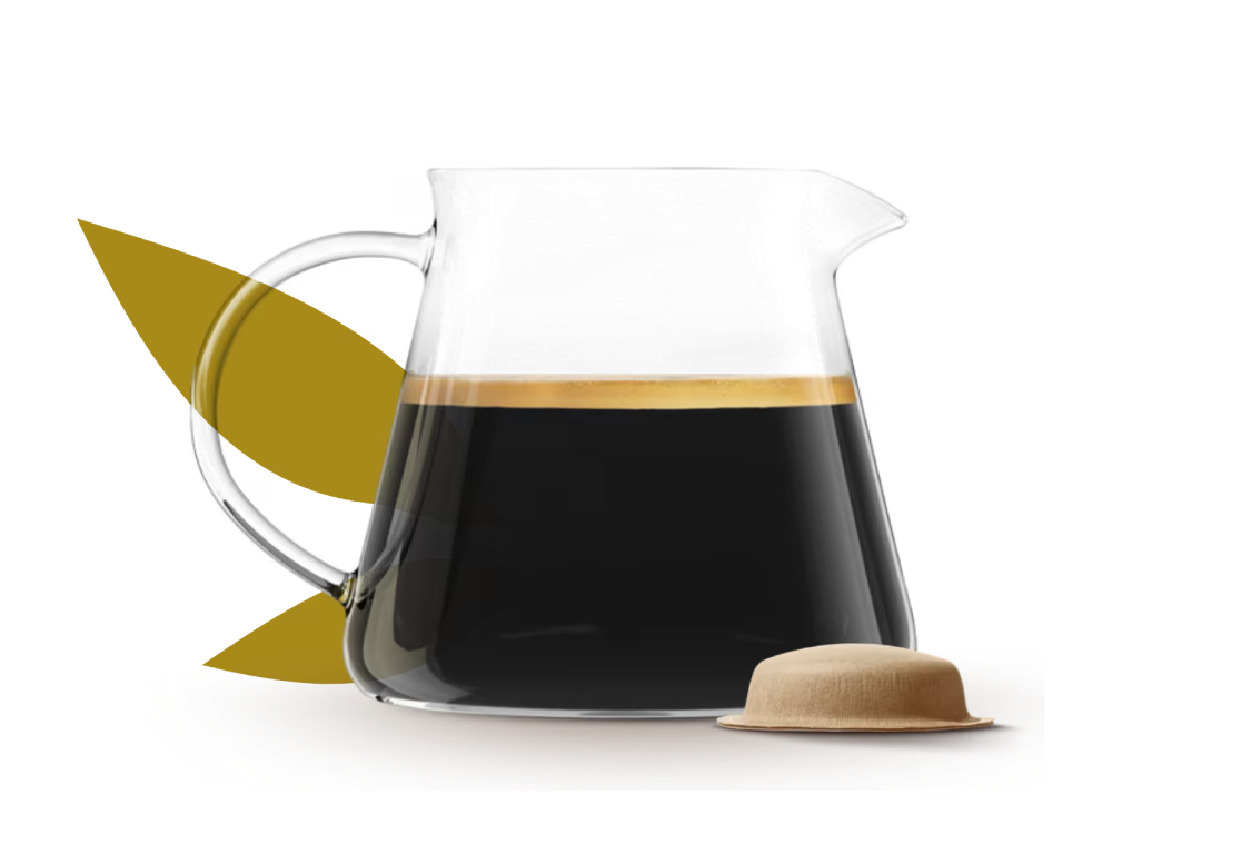 carafe remplie de café infusé à côté d'un pod à base de papier