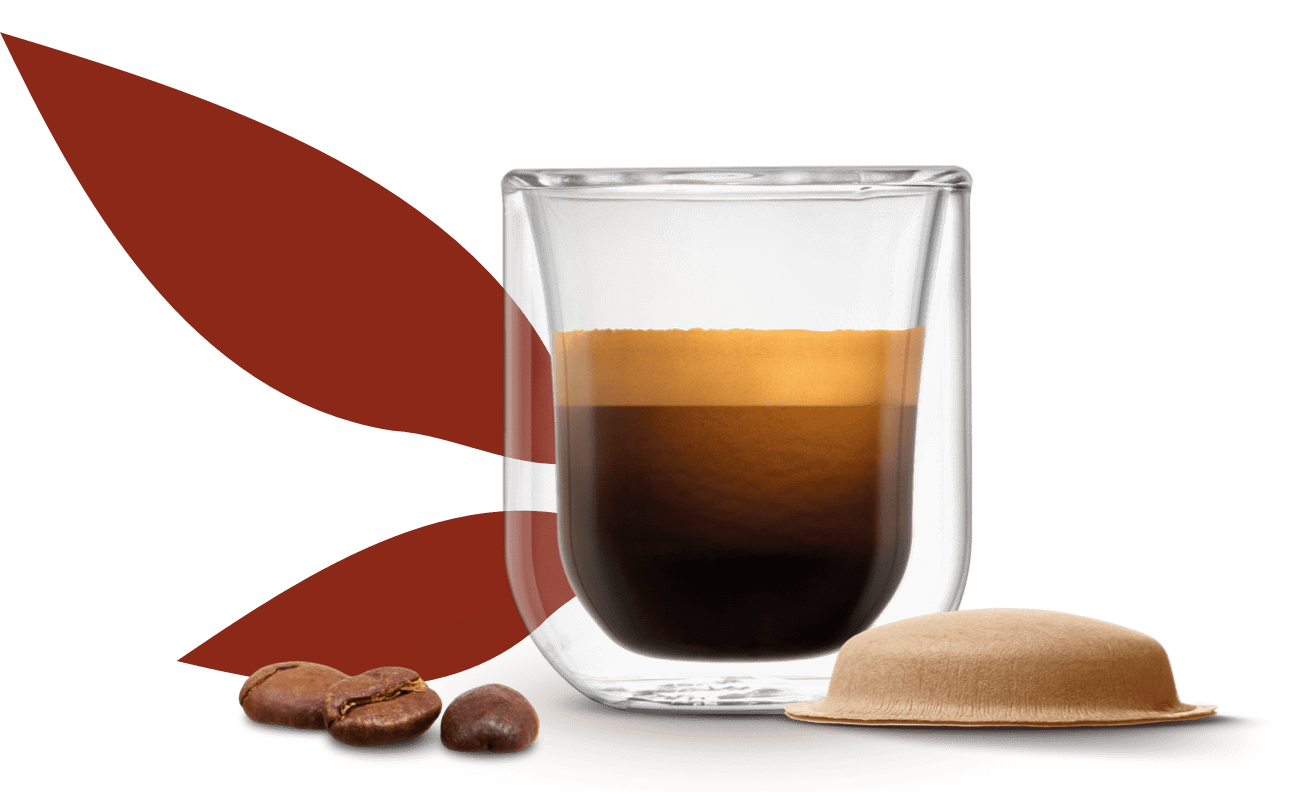 tasse de café espresso à côté d'une capsule à base de papier