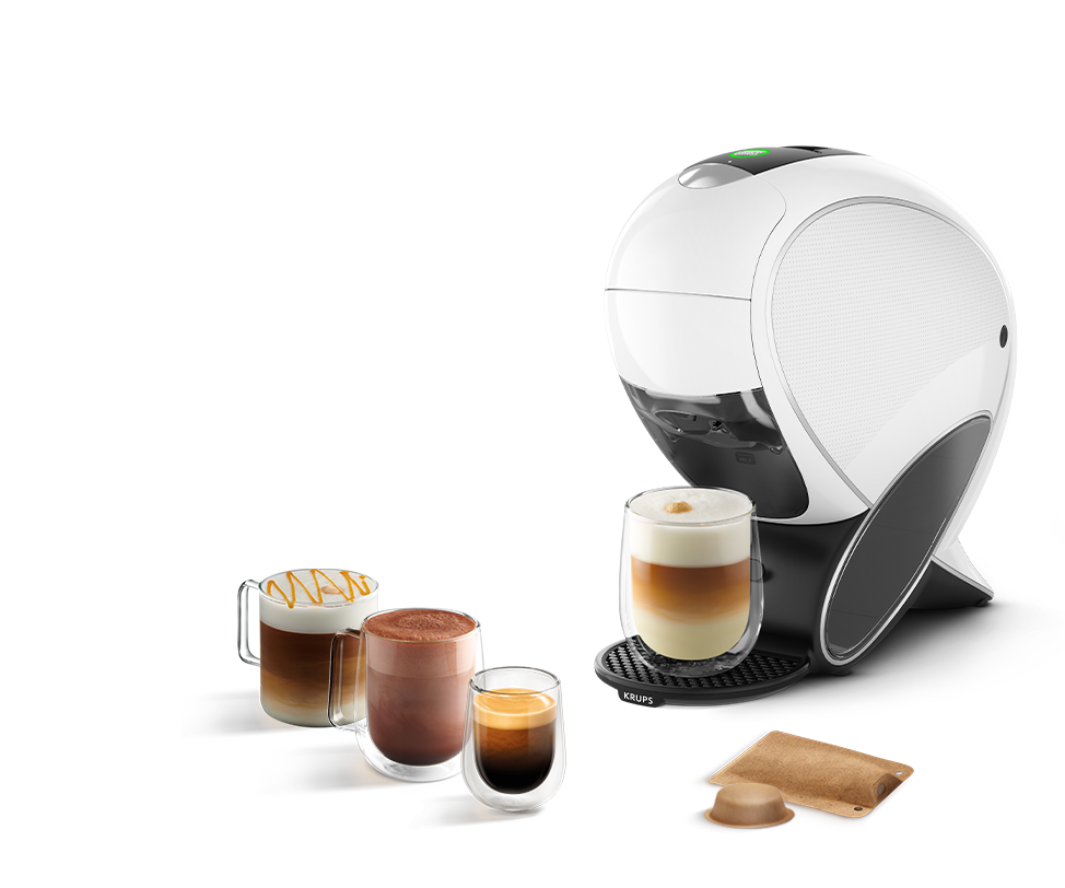 Une machine NEO Latte blanche avec différentes boissons NEO.
