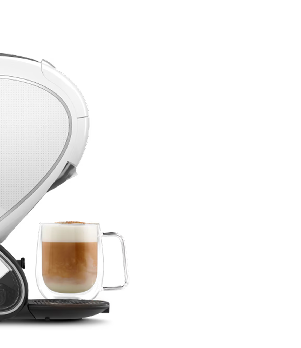 Une confrontation entre une machine à café NEO Latte blanche et une machine NEO Caffè noire. Un doigt d'alien flotte entre elles.