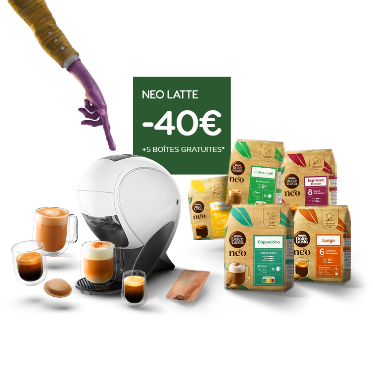 Une machine à café intelligente NEO Latte blanche avec différentes boissons et packs.
