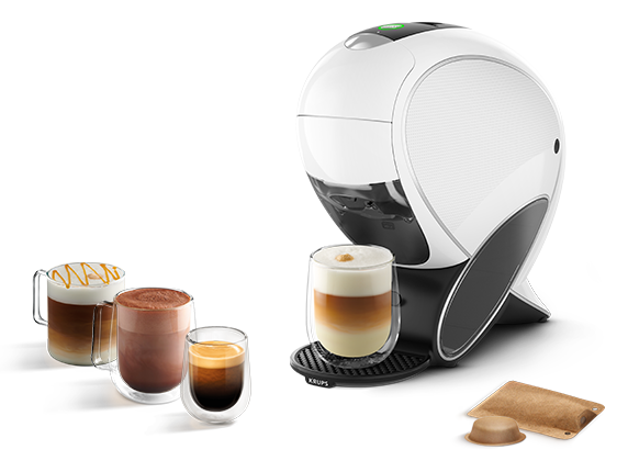 Une machine NEO Latte blanche avec différentes boissons NEO.