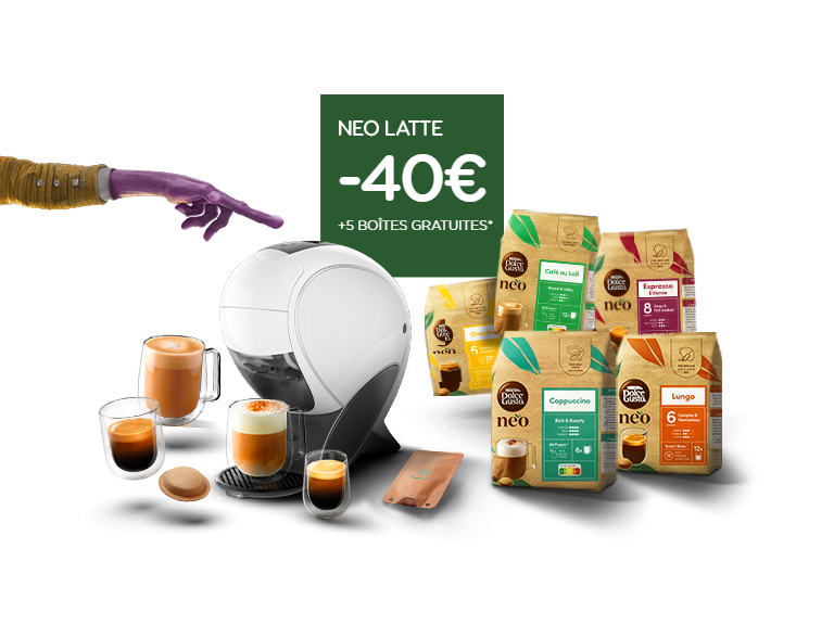 Une machine à café intelligente NEO Latte blanche avec différentes boissons et packs.