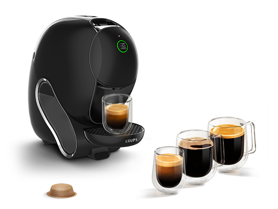 Une machine NEO Caffè noire avec des cafés noirs NEO.