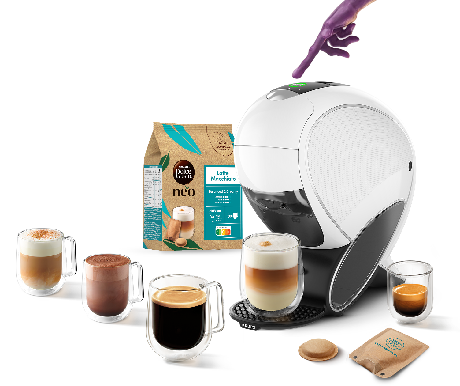 Doigt d'alien touchant la machine NEO Latte. Boissons, un pack NEO, pod et sachet entourent la machine.