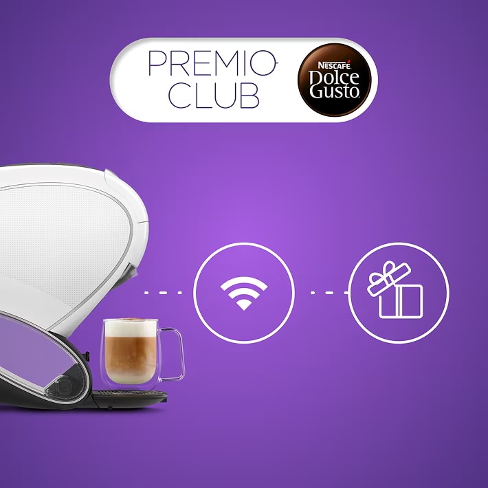 Witte NEO Latte-koffiemachine, WiFi-pictogram en cadeaupictogram.