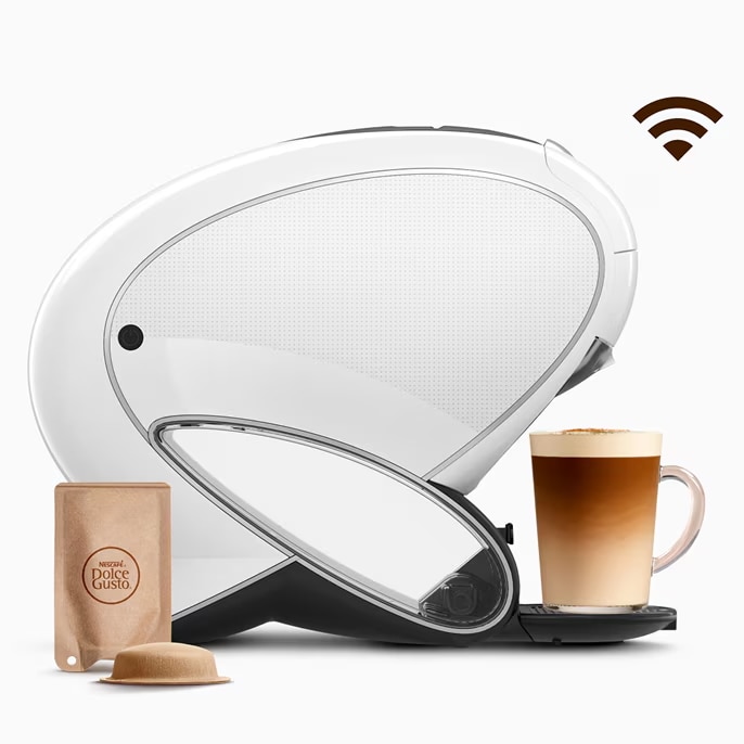 Witte NEO Latte-koffiemachine met WiFi-pictogram.