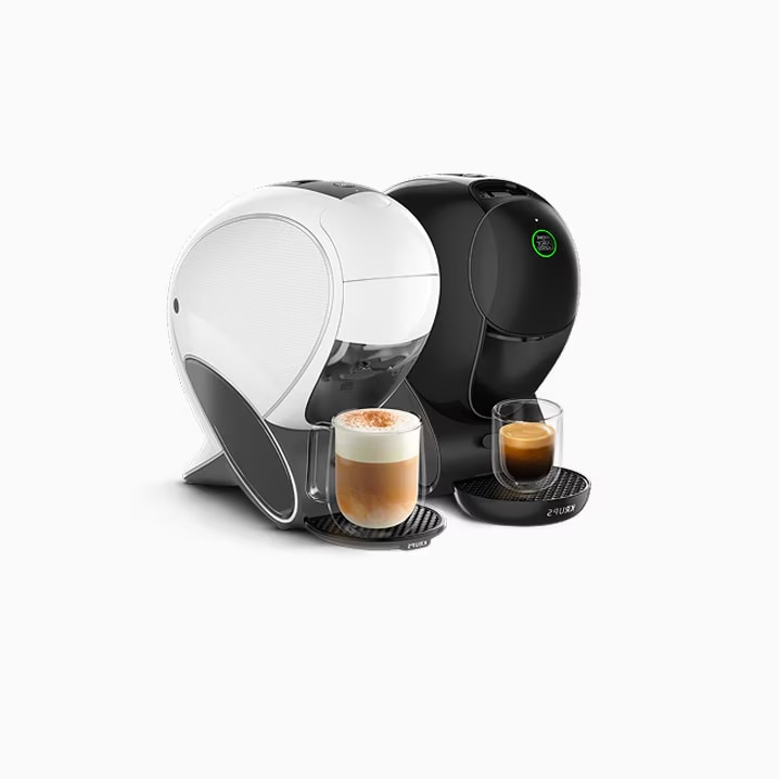 Een witte en een zwarte NEO Latte-koffiemachine.